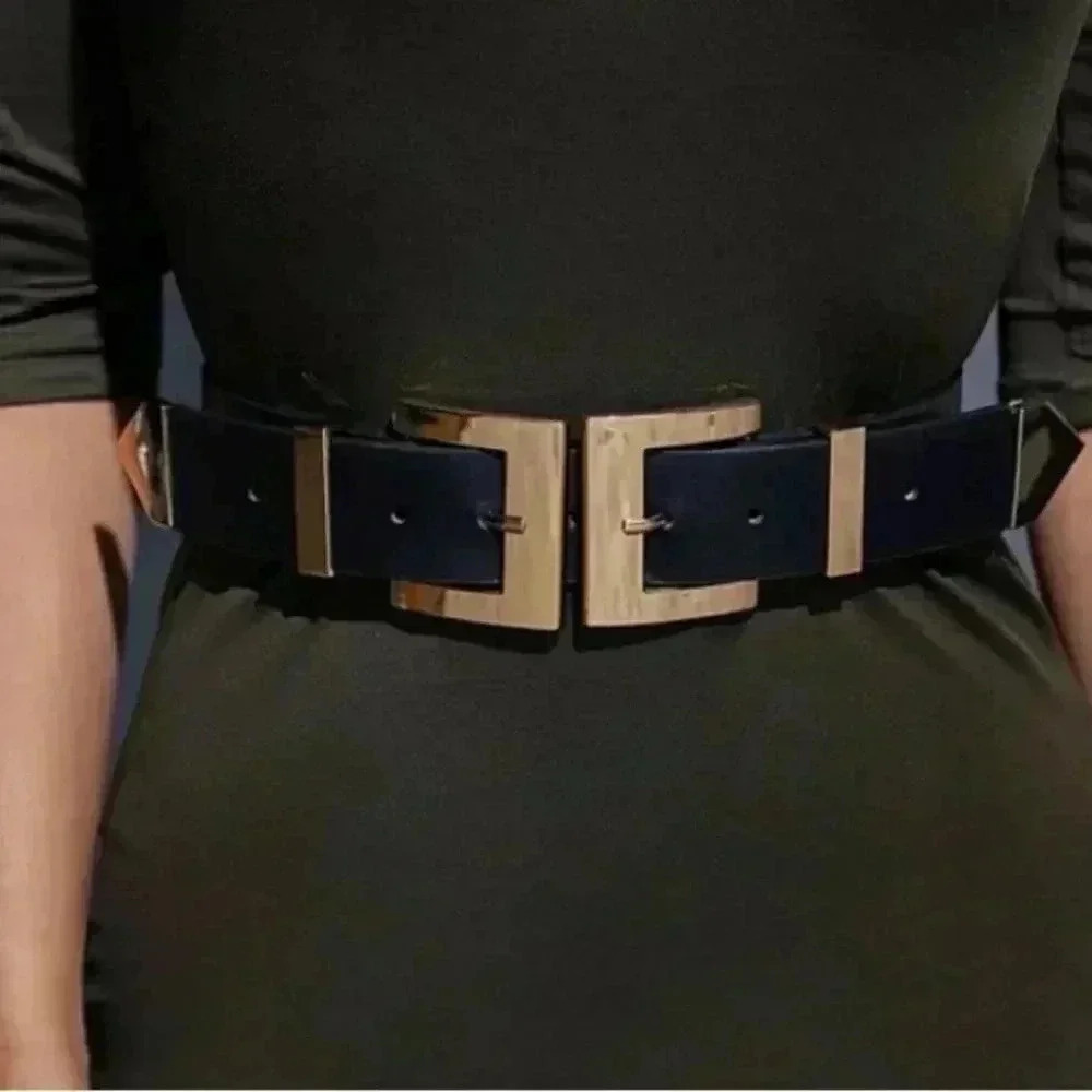 Gold Chunky Double Buckle Black Vegan Leather Wide Waist Corset Belt - Picture 4 of 7